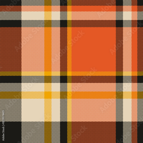 Detailed plaid pixel pattern in black, beige, orange, and yellow. Good for retro fashion, textile design, and backgrounds with a warm, autumnal feel.