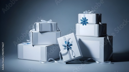 Stacked gift boxes with ribbons festive presentation on a neutral backdrop