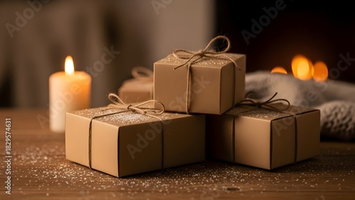 Stacked gift boxes with candle and soft lighting holiday concept