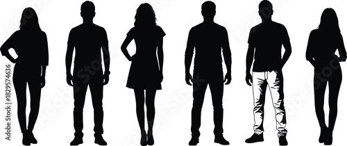 Silhouette group of diverse men and women standing together with confident poses, modern fashion, teamwork concept, isolated on clean white background