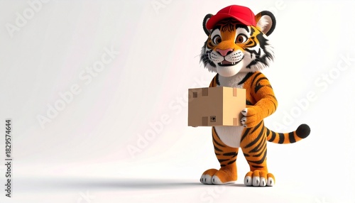 Cartoon Tiger Delivery Mascot with Cap Carrying a Package