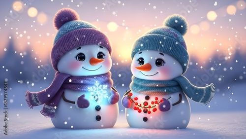 Two adorable snowmen with hats and scarves in a winter wonderland scene