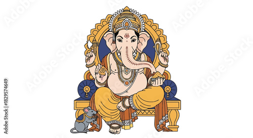 Lord Ganesha Seated on Throne with Mouse Companion and Offering, Indian Deity Illustration