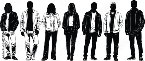 Silhouette group of diverse people standing in casual clothing, modern fashion illustration showcasing men and women posing side by side, isolated background