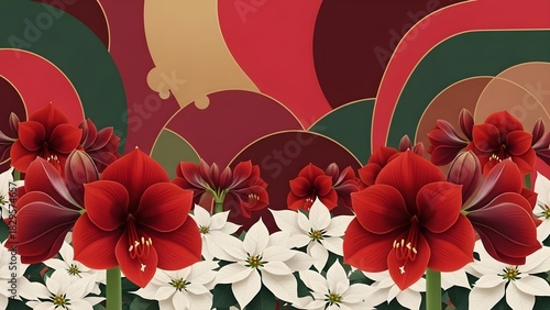 Vibrant floral display red amaryllis and white flowers with colorful abstract background