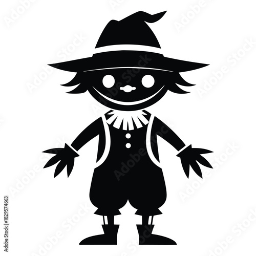 Isolated black silhouette showcases a spooky scarecrow character wearing a hat and overalls on white