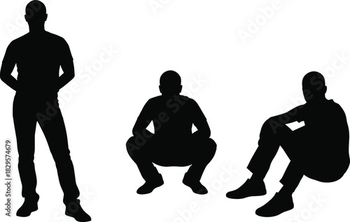 Silhouette of man standing, squatting, and sitting in various relaxed body postures isolated on white background, minimalist human figure concept illustration