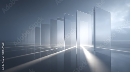 Frosted acrylic panels staggered in rhythmic alignment illuminated with soft glowing edges shadows crisp and accurate faint atmospheric