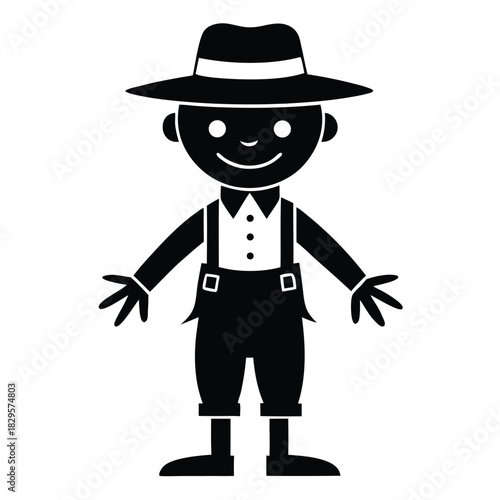 Cartoon man wearing a hat and suspenders smiles on white background