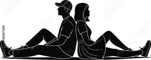 Silhouette of young couple sitting back to back on ground, relaxed posture, peaceful moment, relationship concept, casual clothing, minimalist black illustration