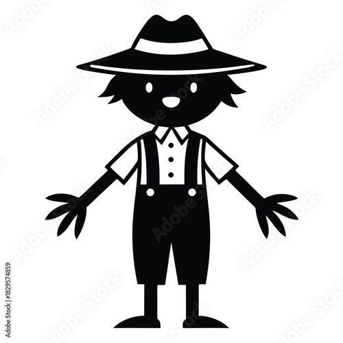 Cartoon man in overalls wearing hat stands with arms out in simple black and white