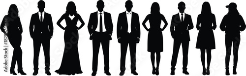 Silhouettes of diverse men and women standing in a line representing business, fashion, teamwork, unity, leadership, professionalism, collaboration, modern workforce.