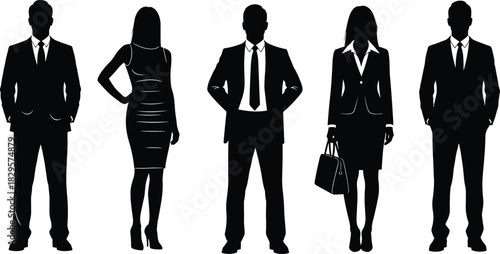 Silhouettes of diverse business professionals standing confidently in formal corporate attire, representing teamwork, leadership, success, workplace unity, and professional collaboration.