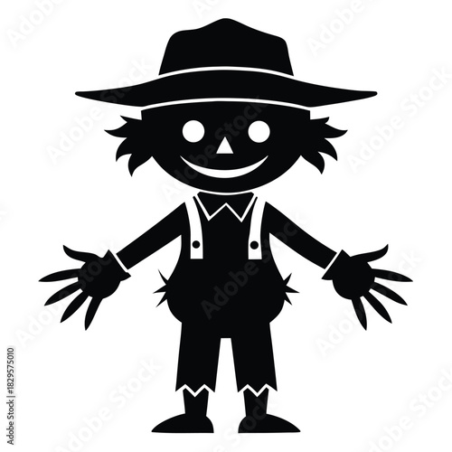 Black silhouette shows a scarecrow with a hat and outstretched arms on white