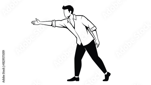 Black and white line art illustration of a man in a buttondown shirt and pants reaching out his hand forward
