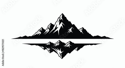 Black and white graphic illustration of sharp mountain peaks with a symmetrical reflection