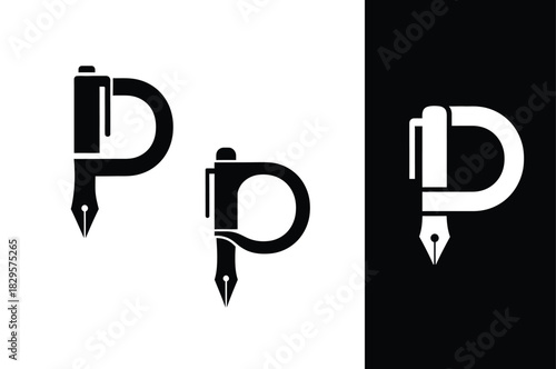 Elegant letter P logo featuring a pen nib for writing or education branding, black and white design