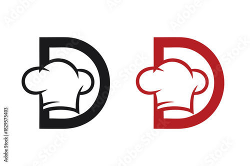 Modern chef logo design with stylish hat for restaurant branding in black and red color palette
