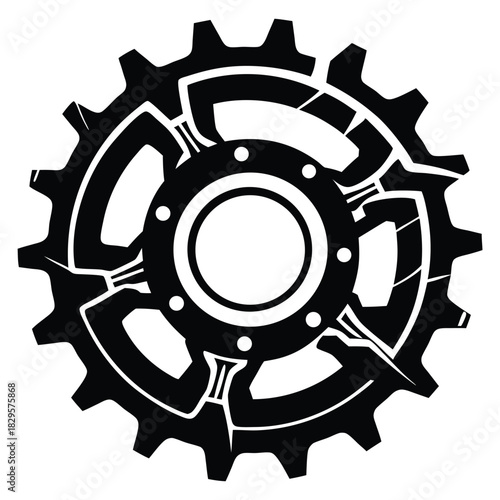 Abstract black mechanical gear with detailed inner workings against a solid white backdrop