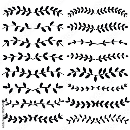 A collection of elegant, hand-drawn botanical border designs, rendered in a minimalist black and white aesthetic. 