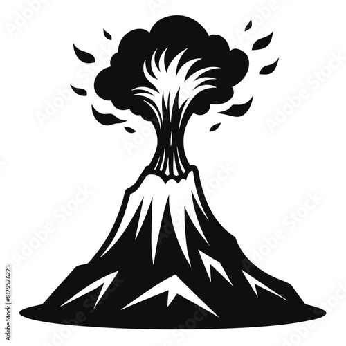 Volcanic mountain erupts powerfully, spewing out smoke and fire, presented in solid black