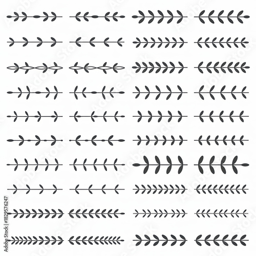 A collection of 40 distinct, hand-drawn, botanical-style decorative dividers or borders arranged in an 8x5 grid against a stark white background.