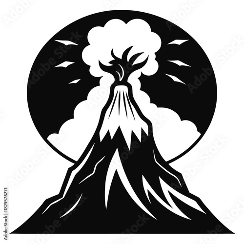 A stylized volcano erupts within a black circle, spewing smoke and ash dramatically
