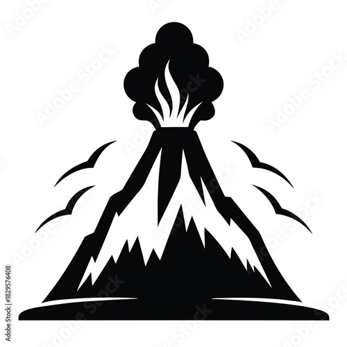 Isolated mountain erupts, creating smoke and releasing fire; birds take flight on either side