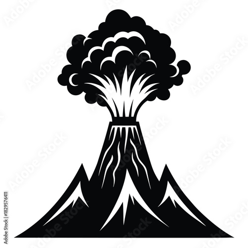 Striking black volcano erupts forcefully, creating a plume of thick smoke above its silhouette