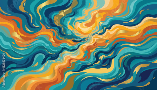 Vibrant abstract background with swirling fluid shapes in teal orange and gold colors creating a dynamic colorful pattern