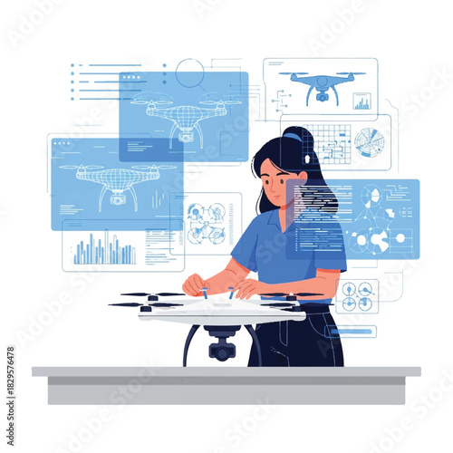 Woman Engineer Designing Drone With Futuristic Technology Displays