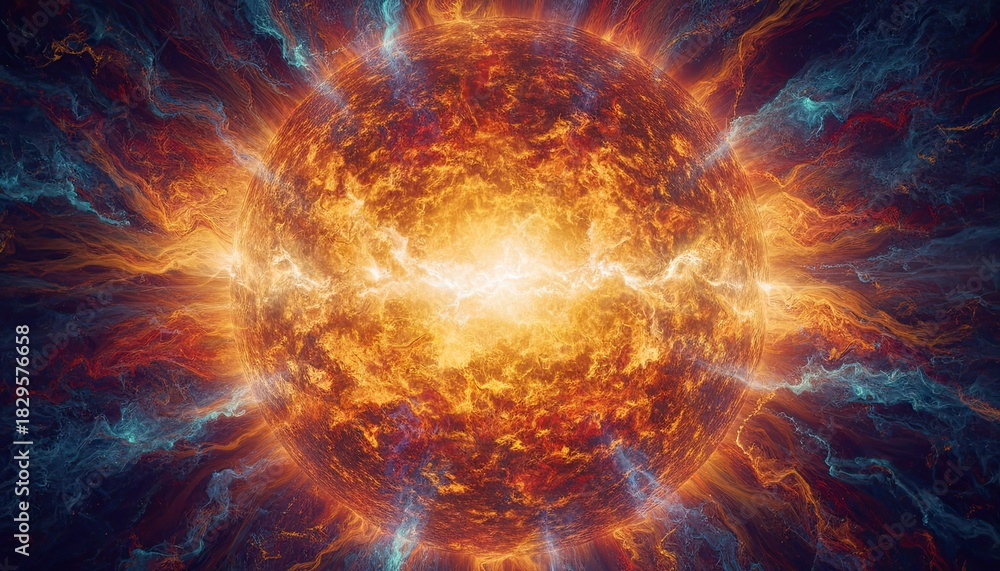 Obraz premium Abstract Exploding Energy Sphere With Fiery Orange And Blue Particles Expanding Outward In A Cosmic Nebula
