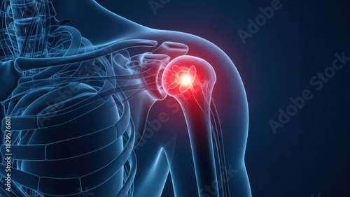Illustration of 3d rendering of human shoulder joint anatomy with inflammation and pain highlighted in red, illustrating orthopedic medical condition concept