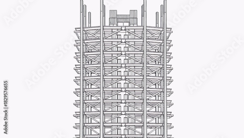 High-Rise Steel Frame Elevation Vector with Bracing and Central Core Layout