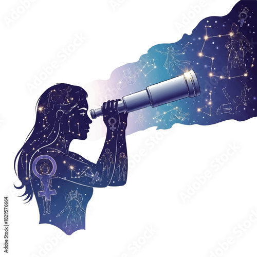 Woman gazing at stars through a telescope, exploring the cosmos and constellations
