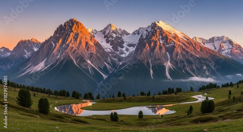 Fototapeta Naklejka Na Ścianę i Meble -  Majestic peaks bathed in morning light, cascading to verdant meadows and a winding streamscape