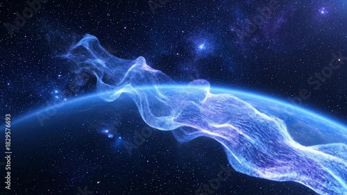 Abstract Blue Energy Stream Over Planet in Space.