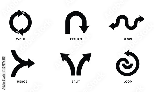 Workflow process arrow cycle merge split loop and return icon set for business flowchart