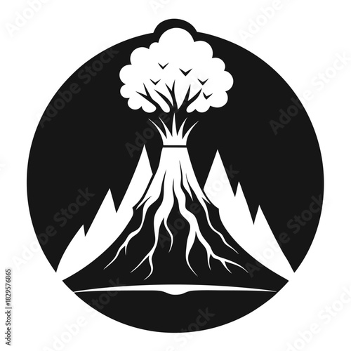 Stylized mountain with sprouting tree and birds forming volcanic shape inside a black circle