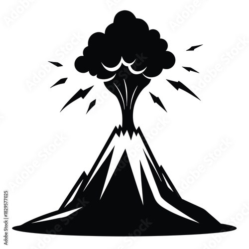 Silhouette of an erupting volcano, with smoke, lava, and lightning radiating outwards in a stark black outline