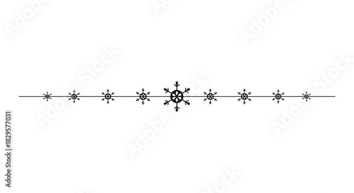 Minimal horizontal divider with delicate black snowflakes aligned along a thin line on a clean white background, ideal for Christmas invitations, greeting cards, web banners, page borders and winter