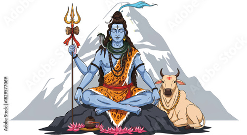 Lord Shiva Meditating Seated on a Rock with Nandi Bull and Trishul