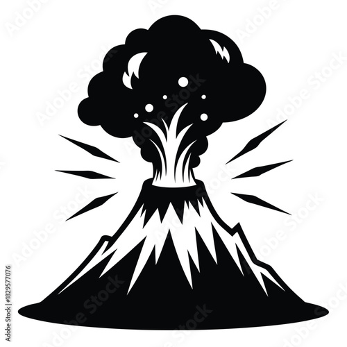 Black volcano erupts strongly with ash and rock particles exploding into the sky