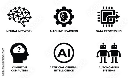 Artificial intelligence and machine learning icon set featuring neural networks data processing