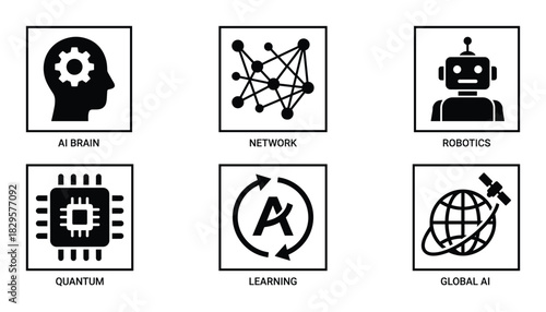 Artificial intelligence and technology icons for AI brain network robotics quantum learning and global AI