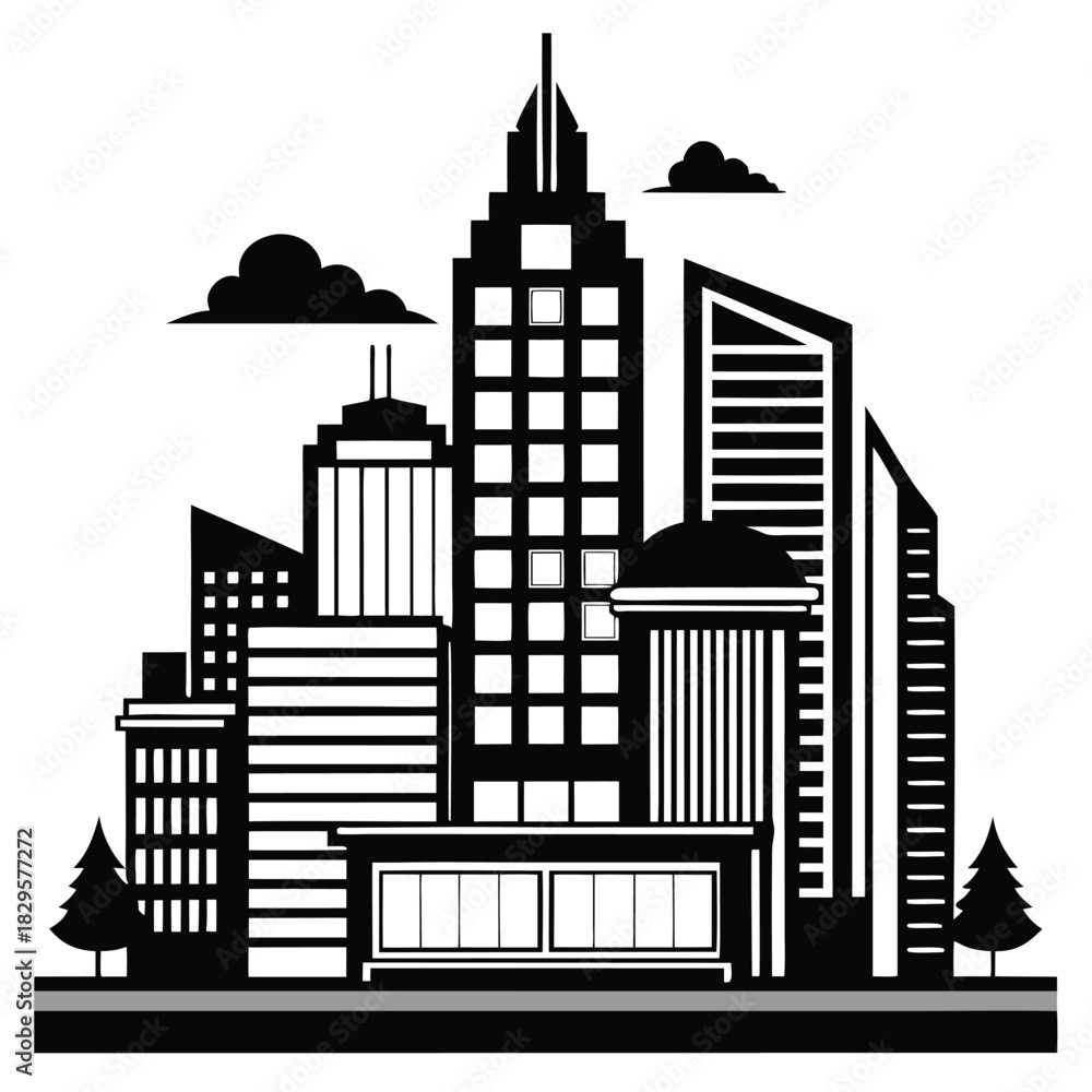 Obraz premium Black and white silhouette displays stylized cityscape with buildings, clouds, and trees showing simplicity