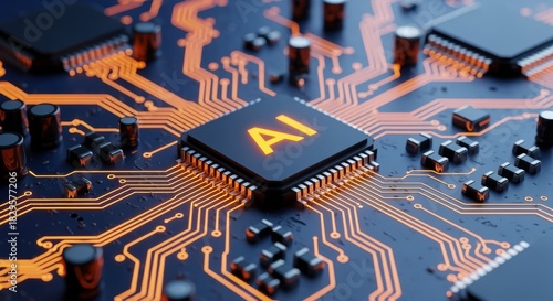 A close-up of a computer motherboard featuring an AI processor chip, surrounded by intricate copper traces and components with a futuristic, technological aesthetic.