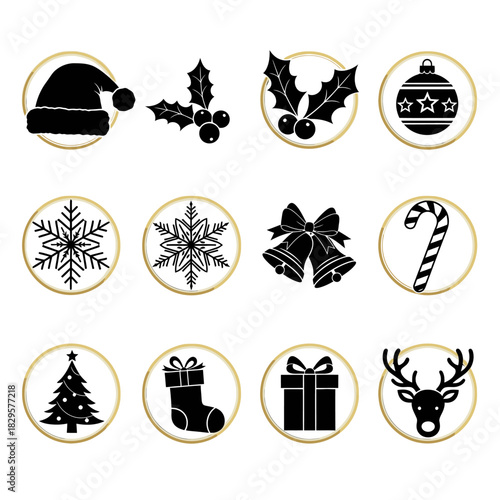 Christmas Icon Set Black and Gold Silhouette