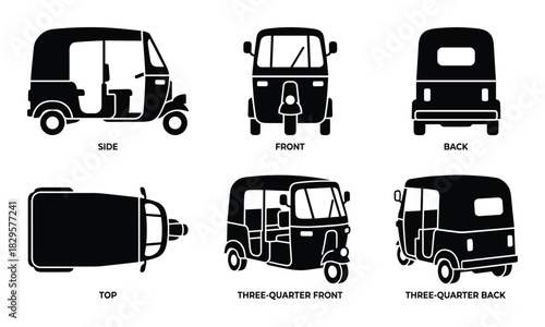 Auto rickshaw views set of simple black and white vector icons showing various perspectives of a three-wheeled vehicle
