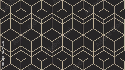 A repeating pattern of outlined cubes and y shapes on a dark background creating a geometric design